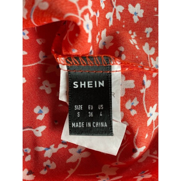 SHEIN Blouse Size Small Red Floral Ruffle Neck & Wrist Tie Neck Silky Top Dressy - Picture 7 of 11